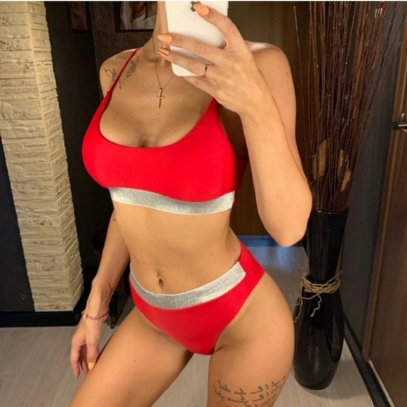 New Red Shimmering Bralette Top High waisted Bikini Set Swimsuit Size M - Picture 2 of 7